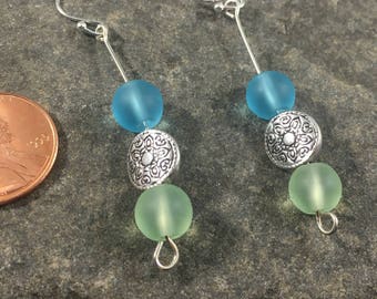 Blue and green opaquesilver embellished beaded dangle earrings