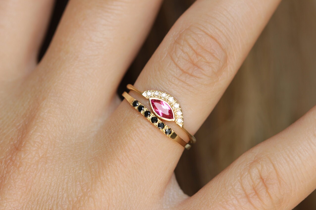 Spinel Engagement Ring Pink Spinel Ring Black Diamond