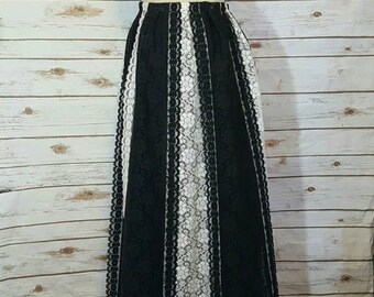 Vintage, 1970's, Carefree Fashions black and white lace maxi peasant skirt, Medium
