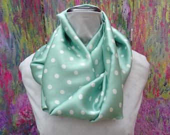 Satin Scarf Mint Green coloured . Infinity or Long scarf..Green Polka Dot Scarf 56 inches ( 142 cm ) by 10 inches ( 26 cm )