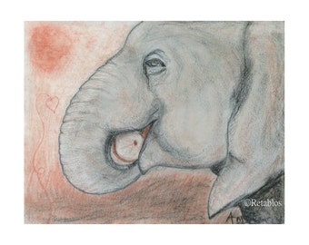 Proceeds Benefit Animal Rescue - Retablo Folk Art - Charcoal African Elephant, In the Wild, Nature Illustration, Sun on the Plains