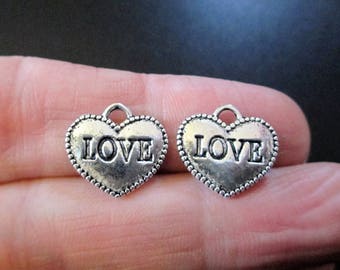 Pack of 10 Tibetan Silver Double Sided 'LOVE' Heart Charm Valentine 13mm x 12mm