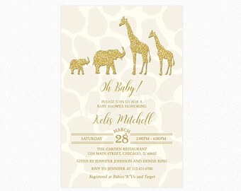Safari Baby Shower Invitation, Gold and Cream Safari Baby Shower Invitation, Gender Neutral, Printed or Printable