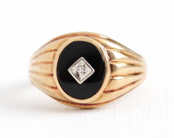 Vintage Onyx Ring - 10k Rosy Yellow Gold Black Gemstone & Diamond - Mid Century 1940s Size 11 Men's Women's Statement Jewelry , Baden Foss