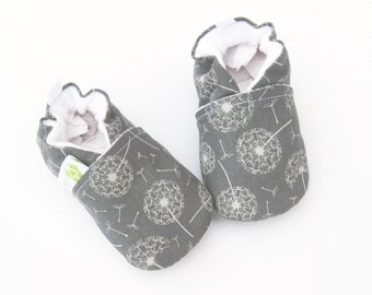 Classic Vegan Wish Flower / All Fabric Soft Sole Baby Shoes / Made to Order / Babies Dandelion Grey