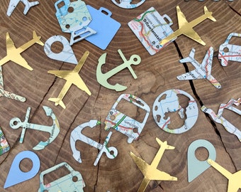 150 travel Confetti Pieces, road maps, atlas shapes, gold aeroplanes. Weddings, leaving party, travel