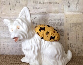 Vintage Scottie Pin Cushion, White Porcelain Scottie, Pin Cushion with Black Scottie Pattern