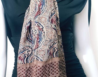 Vintage 80's ANNE KLEIN Long Silk Over Printed Scarf Stole w Gold Accents