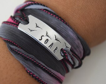 Soar Hand Stamped Ribbon Wrap Bracelet