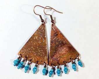 Etched Copper Fan Earrings with Dangles - Free Domestic Shipping