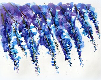 ORIGINAL Watercolor blue wisteria, Floral Painting, Original Art Wall Hanging, Painting,