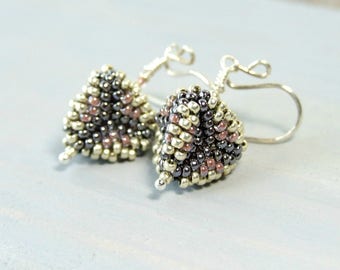 Triangle Earrings, Small Drop Earrings, Seed Bead Earrings, 3D Earrings Sterling Silver, Bead Work, Glass Earrings, Unique Gifts For Women