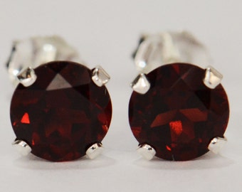 Red Garnet Earrings~.925 Sterling Silver Setting~6mm Round Cut~Genuine Natural Mined