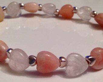 Rose Quartz, Peruvian Opal & silver hearts stretch bracelet