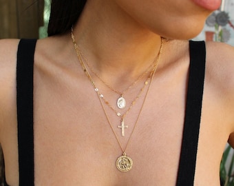 Layered Necklaces, layer charm necklace, Medallion Necklace, Cross Charm Necklace, Layering Cross Pendent Necklace