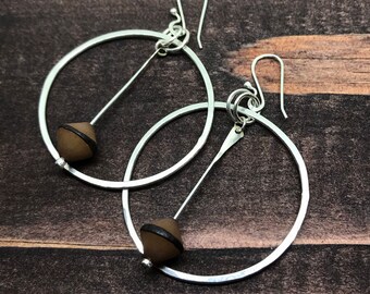 Sterling Silver Hoop with Buri Nut, Large Hoop Earrings