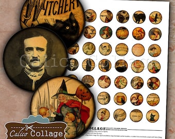 Vintage Halloween Digital Collage Sheet 1 inch Bottlecap Images, Printable Graphics, Halloween Collage Sheet, DIY Bottle Cap Images
