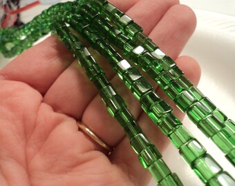 Green - Glass cube beads - 6mm - Sold per strand
