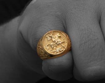 Gold Sovereign Ring, Man Gold Ring, Sterling Silver 925, Signet Ring, Man Signet Ring, Saint George Ring, Medieval Ring, Husband Gift
