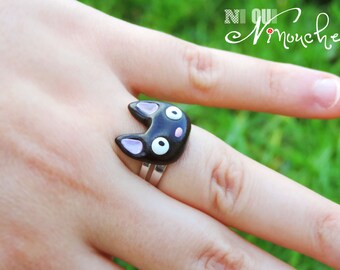 Bague Jiji chat noir chaton mignon réglable (fimo) geek miyazaki manga ghibli Kiki la petite sorcière idée cadeau de noël original geekette