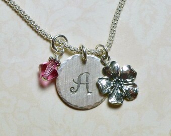 Cherry Blossom Necklace, Cherry Blossom Hand Stamped Sterling Silver Initial Charm Necklace, Spring Flower Necklace