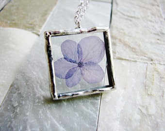 Hydrangea Soldered Glass Necklace, Purple Flower Necklace, Framed Glass Pendant Necklace, Pressed Flower Necklace, Soldered Jewelry