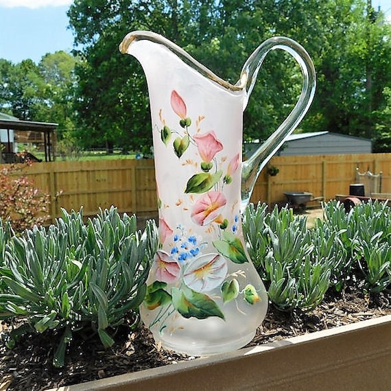 TALL Antique Glass Pitcher / Enamel Hand Painted / Victorian Tankard / Morning Glory Glories