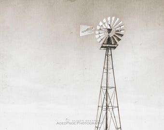 Rustic Windmill, Neutral Wall Art, Farmhouse Living Room Decor, Sepia Print, Gray Beige Landscape Photo | 'Wind Driven 2' Aged Page Series
