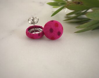 Pink Earrings. Pink Polka Dots. Light and Dark Pink. Handmade Earrings. Fabric Covered Button Earrings. Stud Earrings. Clip On Earrings.