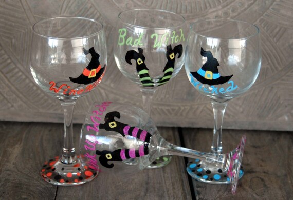 Items Similar To Halloween Hand Painted Wine Glasses Set Of 4 Witches   Il 570xN.833680389 K1sr 