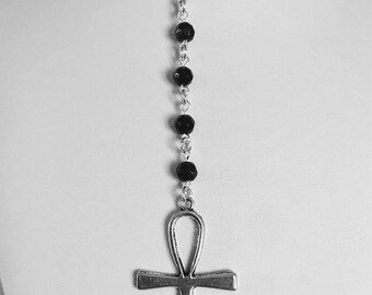 Silver plated Ankh beaded rosary style pentagram choker.