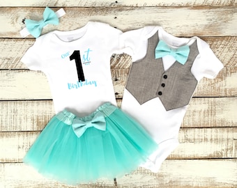 Twin First Birthday Outfits, Boy and Girl Twins, Our First Birthday, Matching Outfits, Vest with Aqua Blue Bow Tie, Aqua Blue TuTu Skirt