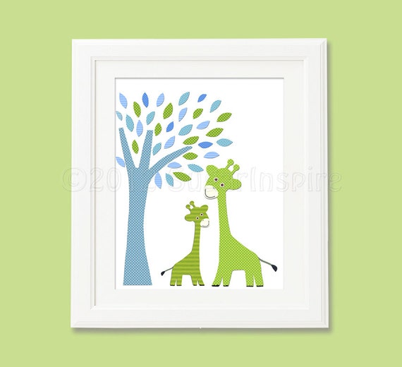 Green giraffe nursery Art Print 8x10 Baby boy room Kids