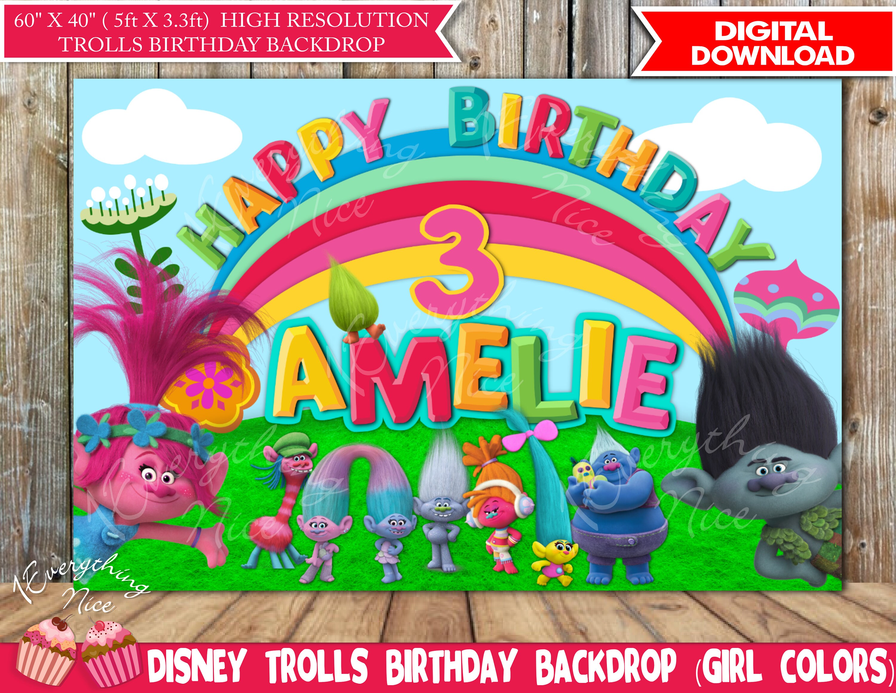 Trolls Theme Birthday Backdrop Girl Colors Digital Download