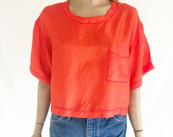 Vintage 80's Red Silk Blouse. Size Med/ Large