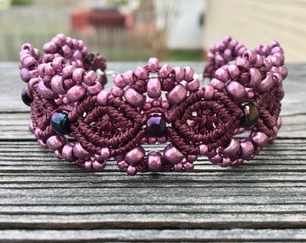 Micro-Macrame Cuff Bracelet. Modern Macrame. Plum Purple Bracelet. Plum Beaded Cuff. Statement Jewelry. Boutique Fashion Piece.