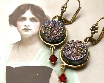 Antique LACY BUTTON earrings, Victorian plants in black glass on brass, 1 5/8" Present, gift.
