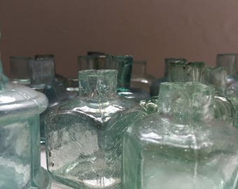 3 Small Antique English Aqua Glass Ink Bottles London 1880's