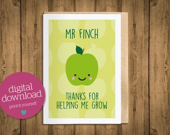 Thank you teacher card, thank you card, personalised teacher card, card for teacher, teacher gift, green, apple for teacher, printable card