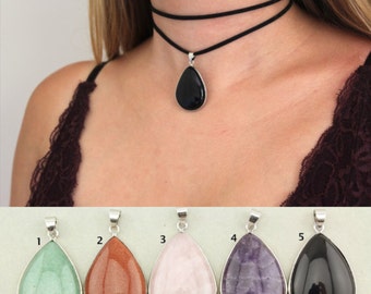 Boho Healing Crystal Choker Necklace. Black Leather Double Layer Choker. Dainty Gemstone Tear Drop Necklace. Boho Wrap Choker. Suede Choker