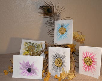 5 Watercolor series #2. Daisies. Set of 5 Handmade/painted cards.