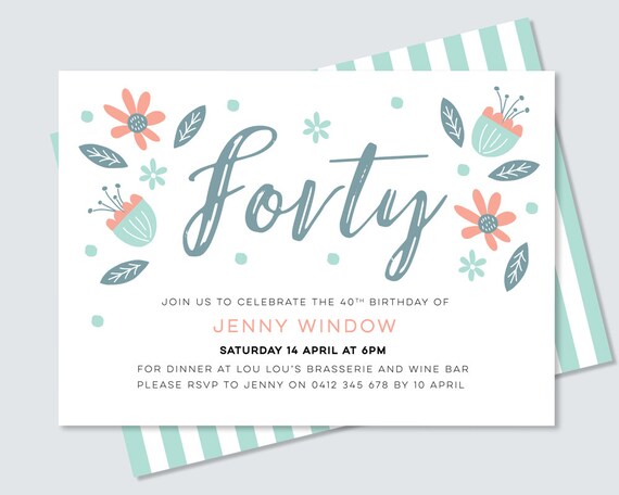 40th birthday party invitation for her hand drawn