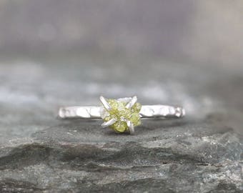 1 Carat Rough Diamond Ring - Green Tone Raw Uncut Diamond - Hammered Texture Sterling Silver Gemstone Ring - Engagement Ring - Stacking Ring
