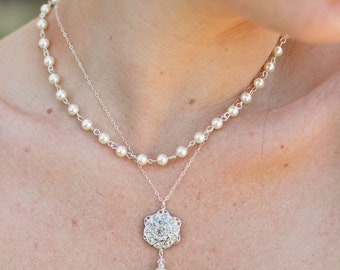 Pearl Rhinestone Necklace Bridal Pearl Necklace Ivory swarovski Pearls Bridal Rhinestone Necklace Statement Bridal Necklace STEPHANIE
