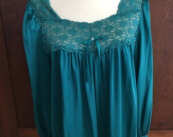L / Vanity Fair / Nightgown / Teal Green Blue Turquoise Vintage Gown / Large