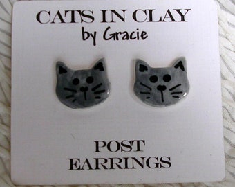 Russian Blue Cat Post Earrings Gray Stud Earring Handmade In Kiln Fired Clay by Gracie