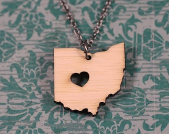 Ohio Necklace - Bamboo - Wooden Ohio State Necklace Ohio State Charm OH State Shaped Necklace Ohio State Jewelry State Necklace With Heart