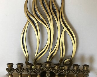 Vintage Brass Menorah Flaming Menorah Candle Holder Hanukkah Metal Spirituality Gold Tone Chanukah Judaica