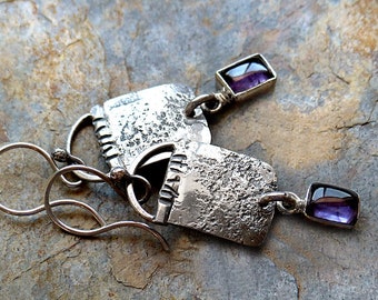 Minimalist Rustic Sterling Silver Earrings.Amethyst in Silver Dangles.Rustic Modern.Southwest Boho Tribal Style Jewelry
