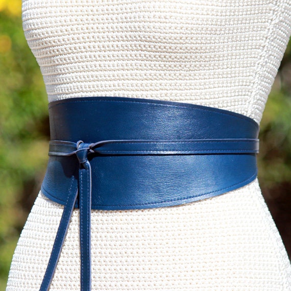 REVERSIBLE Leather Navy Blue wide obi wrap sash belt custom